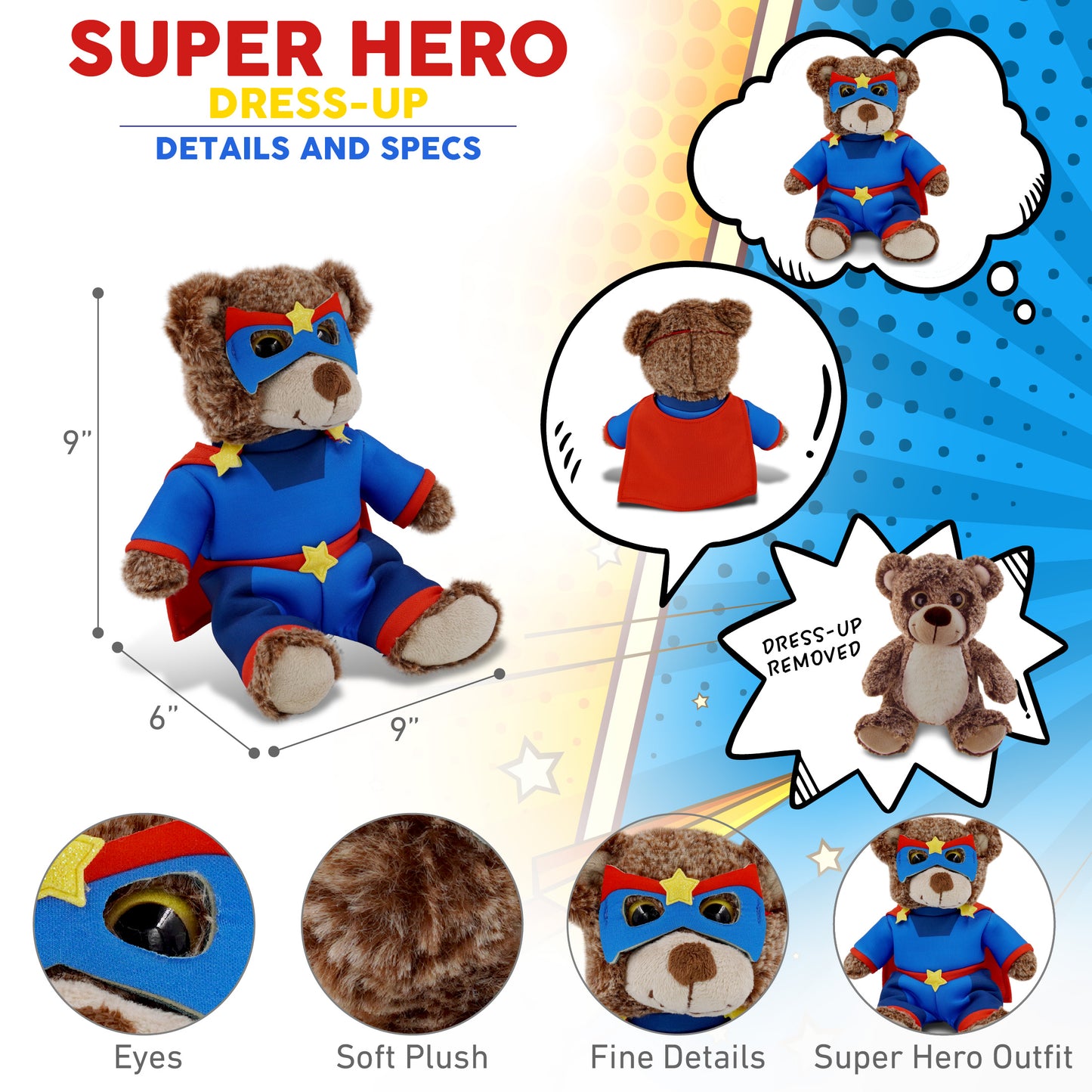 SUPER-SOFT PLUSH - SITTING BROWN BEAR WITH SUPER HERO DRESS UP