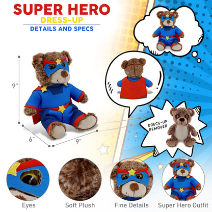 SUPER-SOFT PLUSH - SITTING BROWN BEAR WITH SUPER HERO DRESS UP
