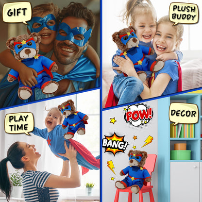 SUPER-SOFT PLUSH - SITTING BROWN BEAR WITH SUPER HERO DRESS UP