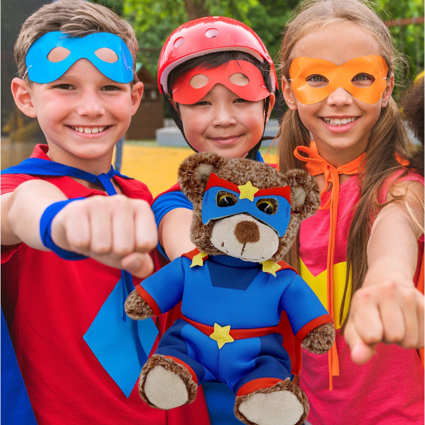 SUPER-SOFT PLUSH - SITTING BROWN BEAR WITH SUPER HERO DRESS UP