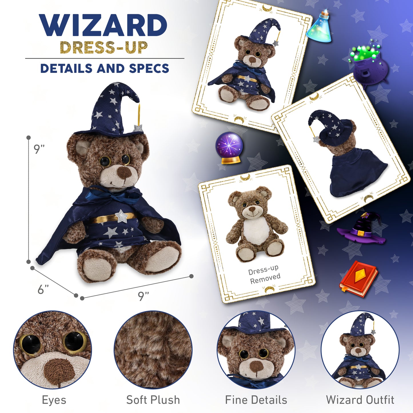 SUPER-SOFT PLUSH - SITTING BROWN BEAR WITH WIZARD DRESS UP