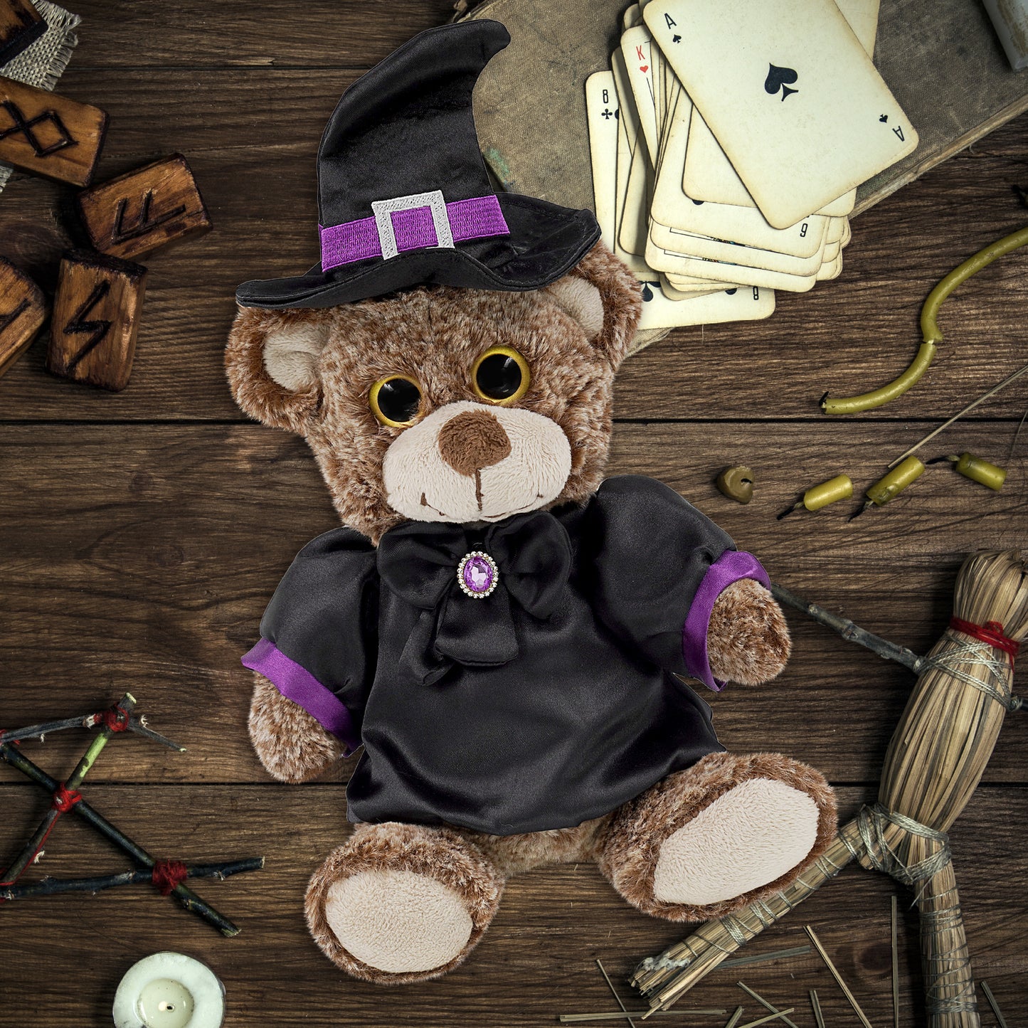 SUPER-SOFT PLUSH - SITTING BROWN BEAR WITH WITCH DRESS UP