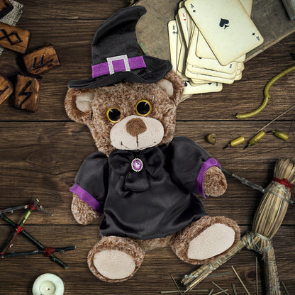 SUPER-SOFT PLUSH - SITTING BROWN BEAR WITH WITCH DRESS UP