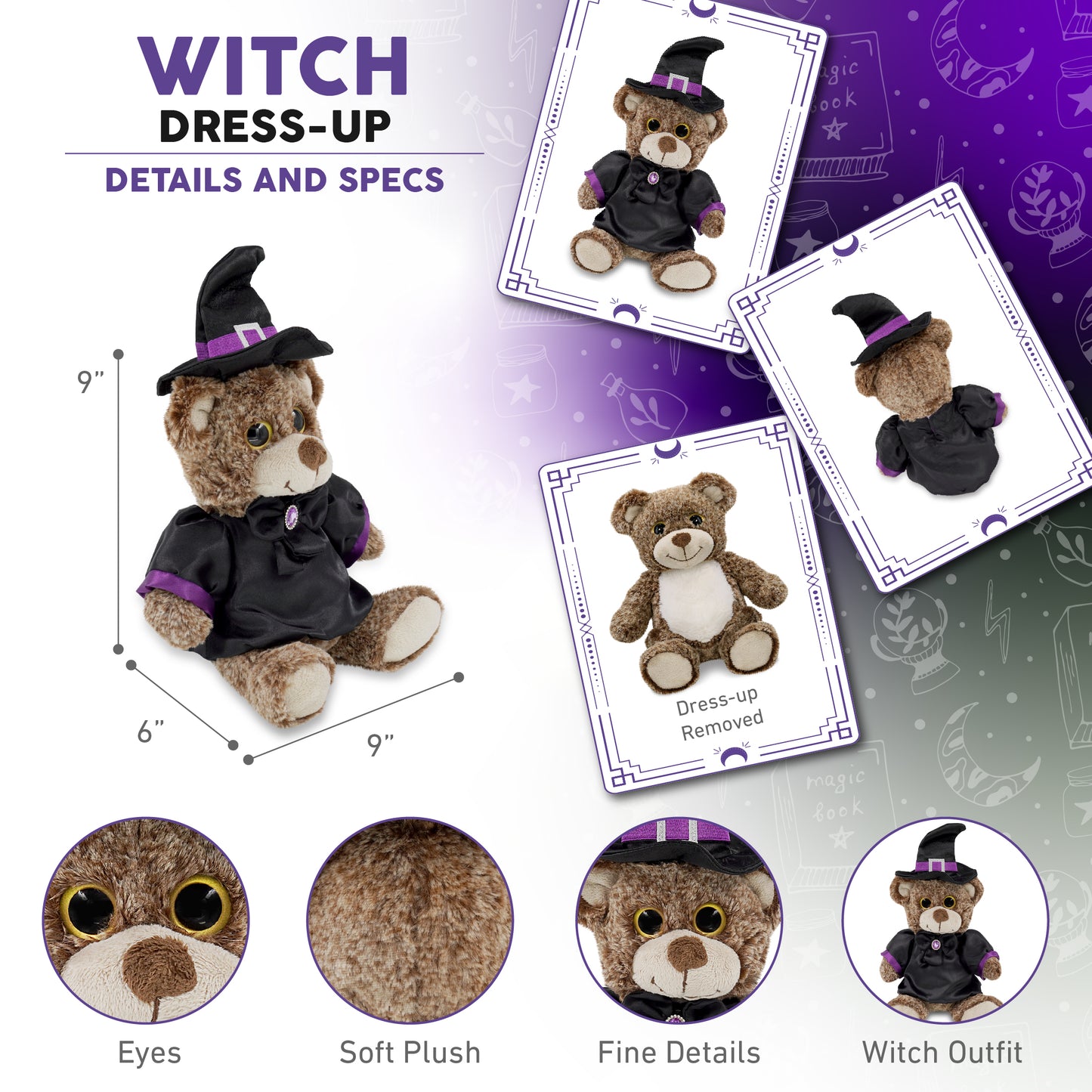 SUPER-SOFT PLUSH - SITTING BROWN BEAR WITH WITCH DRESS UP