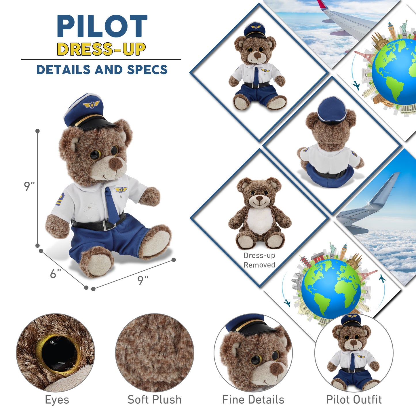 SUPER-SOFT PLUSH - SITTING BROWN BEAR WITH PILOT DRESS UP
