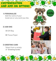 DolliBu Sitting Brown Bear Stuffed Animal with Green Plush Shamrock - 9 Inches