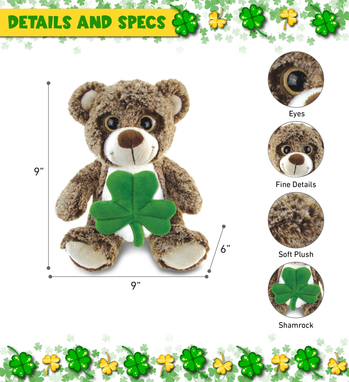 DolliBu Sitting Brown Bear Stuffed Animal with Green Plush Shamrock - 9 Inches