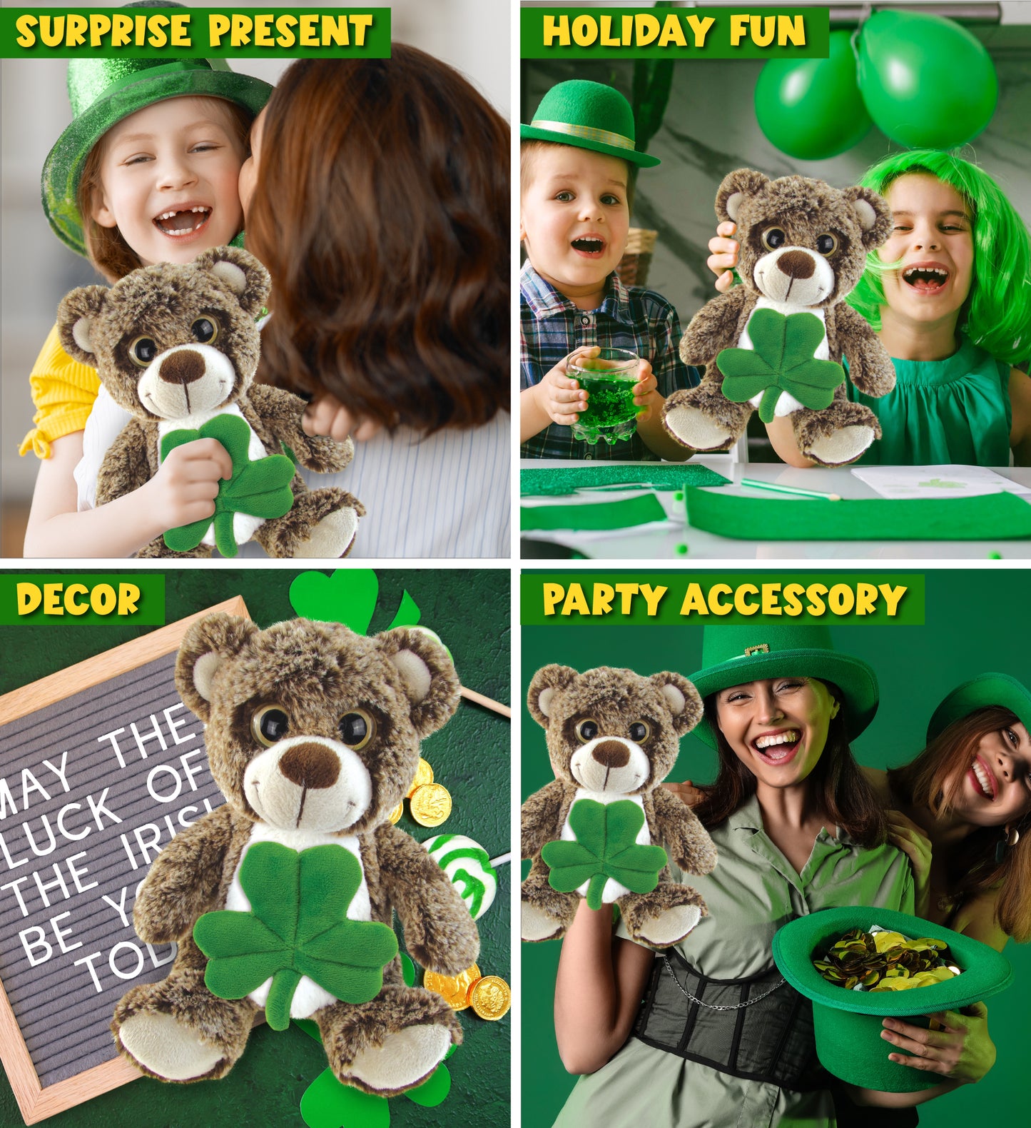 DolliBu Sitting Brown Bear Stuffed Animal with Green Plush Shamrock - 9 Inches