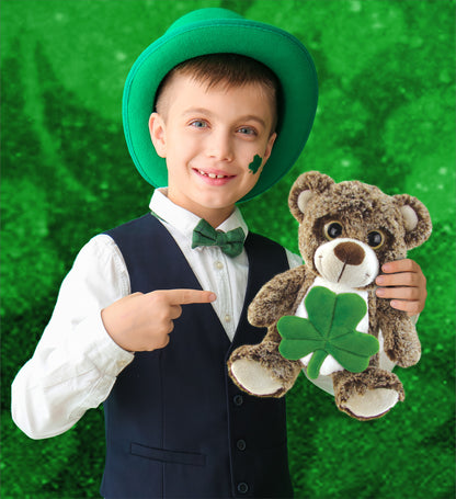 DolliBu Sitting Brown Bear Stuffed Animal with Green Plush Shamrock - 9 Inches