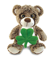 DolliBu Sitting Brown Bear Stuffed Animal with Green Plush Shamrock - 9 Inches