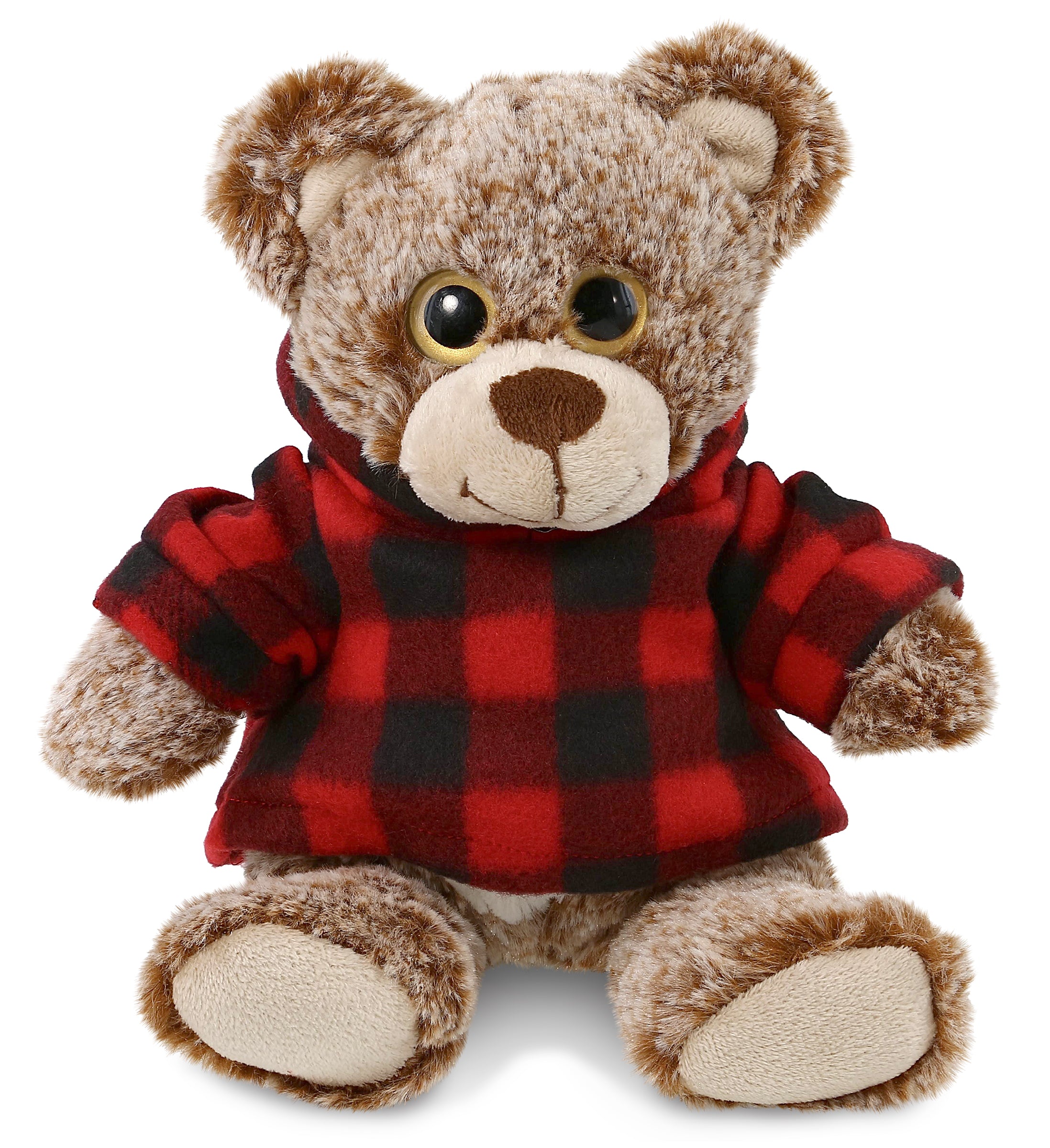 PLUSH RED PLAID HOODIE - SUPER-SOFT PLUSH - SITTING BROWN BEAR