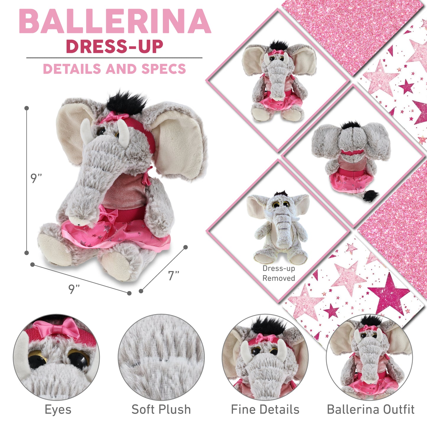 SUPER-SOFT PLUSH - SITTING ELEPHANT WITH BALLERINA DRESS UP