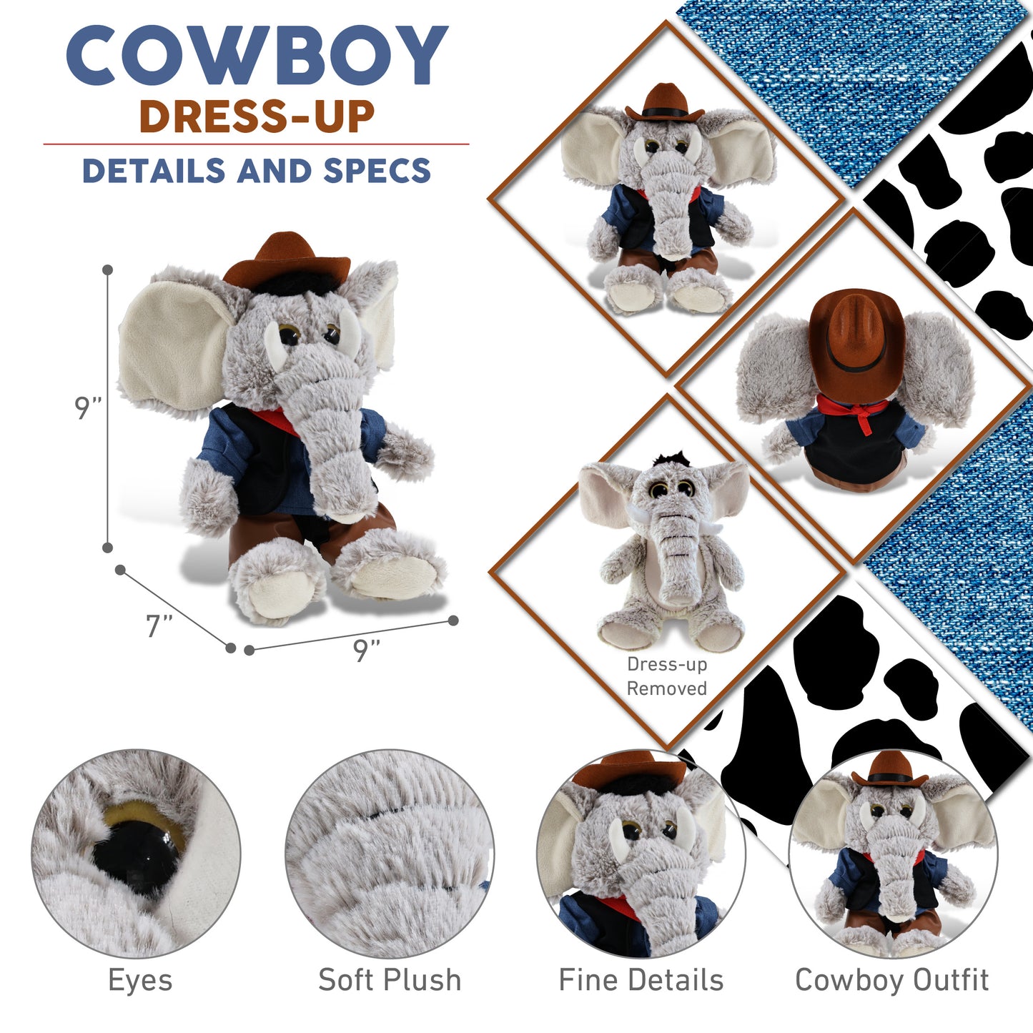 SUPER-SOFT PLUSH - SITTING ELEPHANT With COWBOY Dress Up