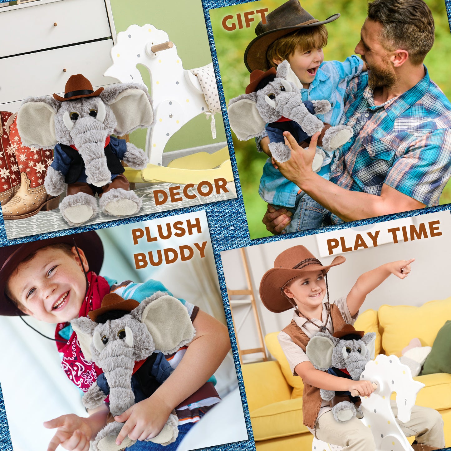 SUPER-SOFT PLUSH - SITTING ELEPHANT With COWBOY Dress Up