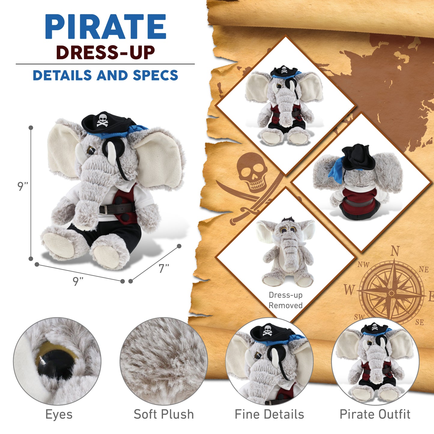 SUPER-SOFT PLUSH - SITTING ELEPHANT PIRATE DRESS UP