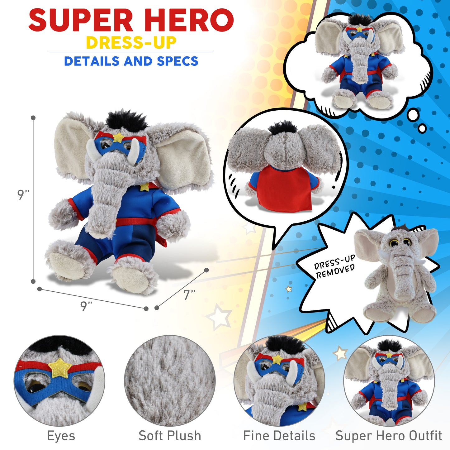 SUPER-SOFT PLUSH - SITTING ELEPHANT With SUPER HERO Dress Up