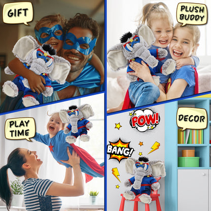 SUPER-SOFT PLUSH - SITTING ELEPHANT With SUPER HERO Dress Up