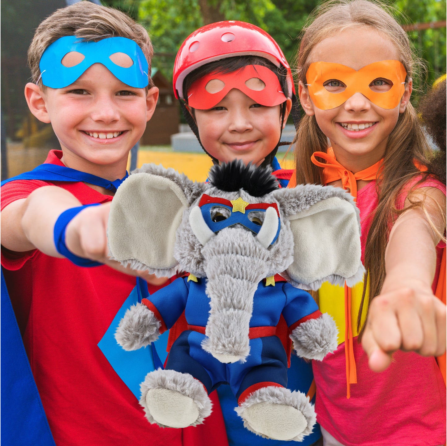 SUPER-SOFT PLUSH - SITTING ELEPHANT With SUPER HERO Dress Up