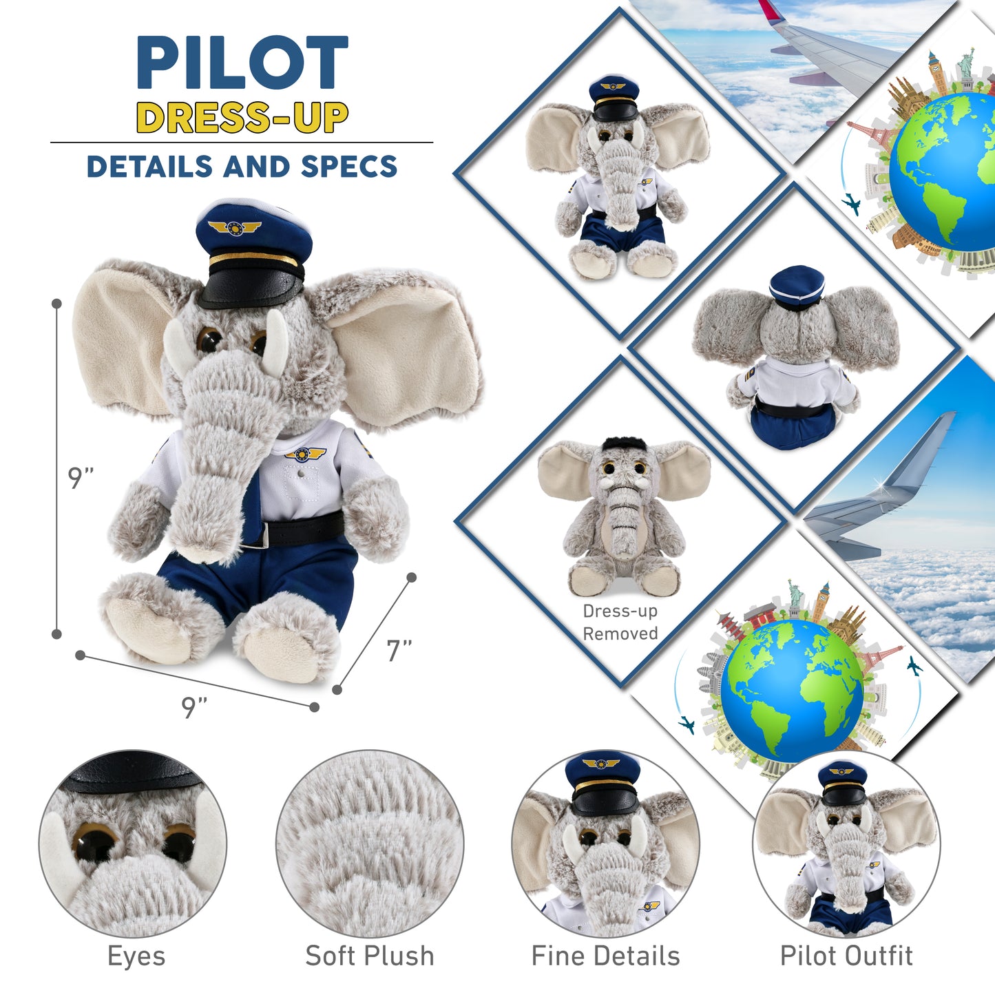 SUPER-SOFT PLUSH - SITTING ELEPHANT PILOT DRESS UP