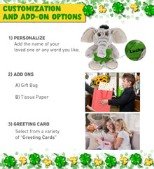 DolliBu Sitting Big-Eyed Elephant Stuffed Toy with Green Plush Shamrock, 9 Inch