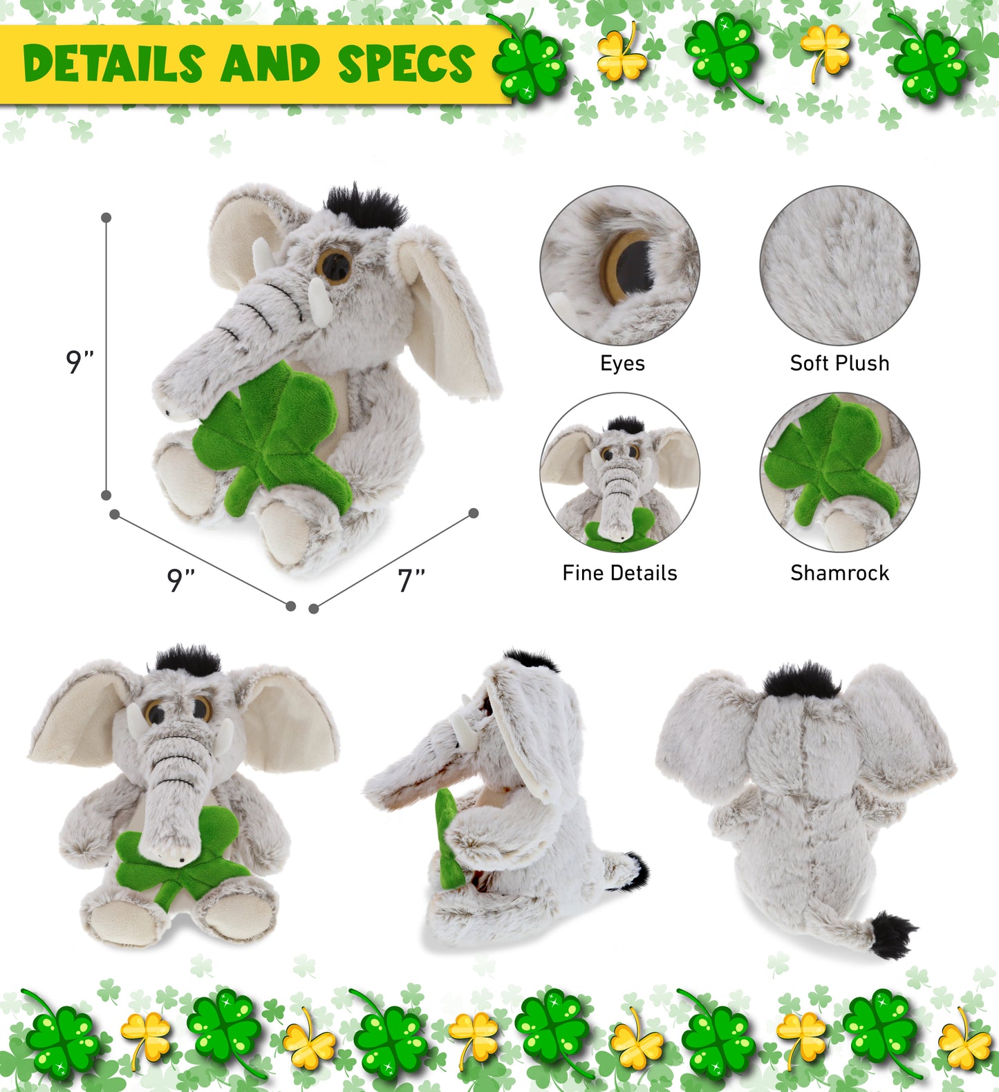 DolliBu Sitting Big-Eyed Elephant Stuffed Toy with Green Plush Shamrock, 9 Inch