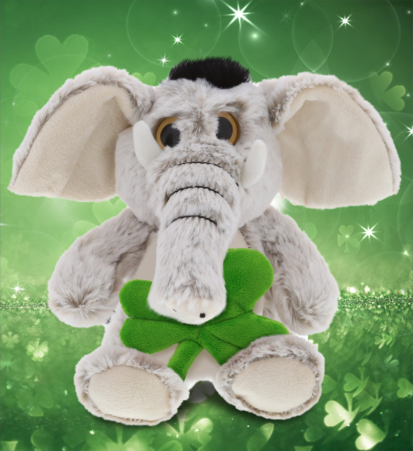 DolliBu Sitting Big-Eyed Elephant Stuffed Toy with Green Plush Shamrock, 9 Inch
