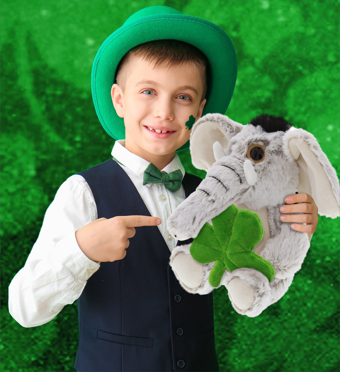 DolliBu Sitting Big-Eyed Elephant Stuffed Toy with Green Plush Shamrock, 9 Inch