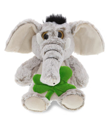 DolliBu Sitting Big-Eyed Elephant Stuffed Toy with Green Plush Shamrock, 9 Inch