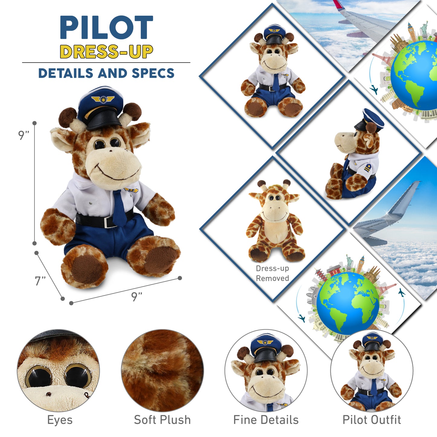 SUPER-SOFT PLUSH - SITTING GIRAFFE WITH PILOT DRESS UP