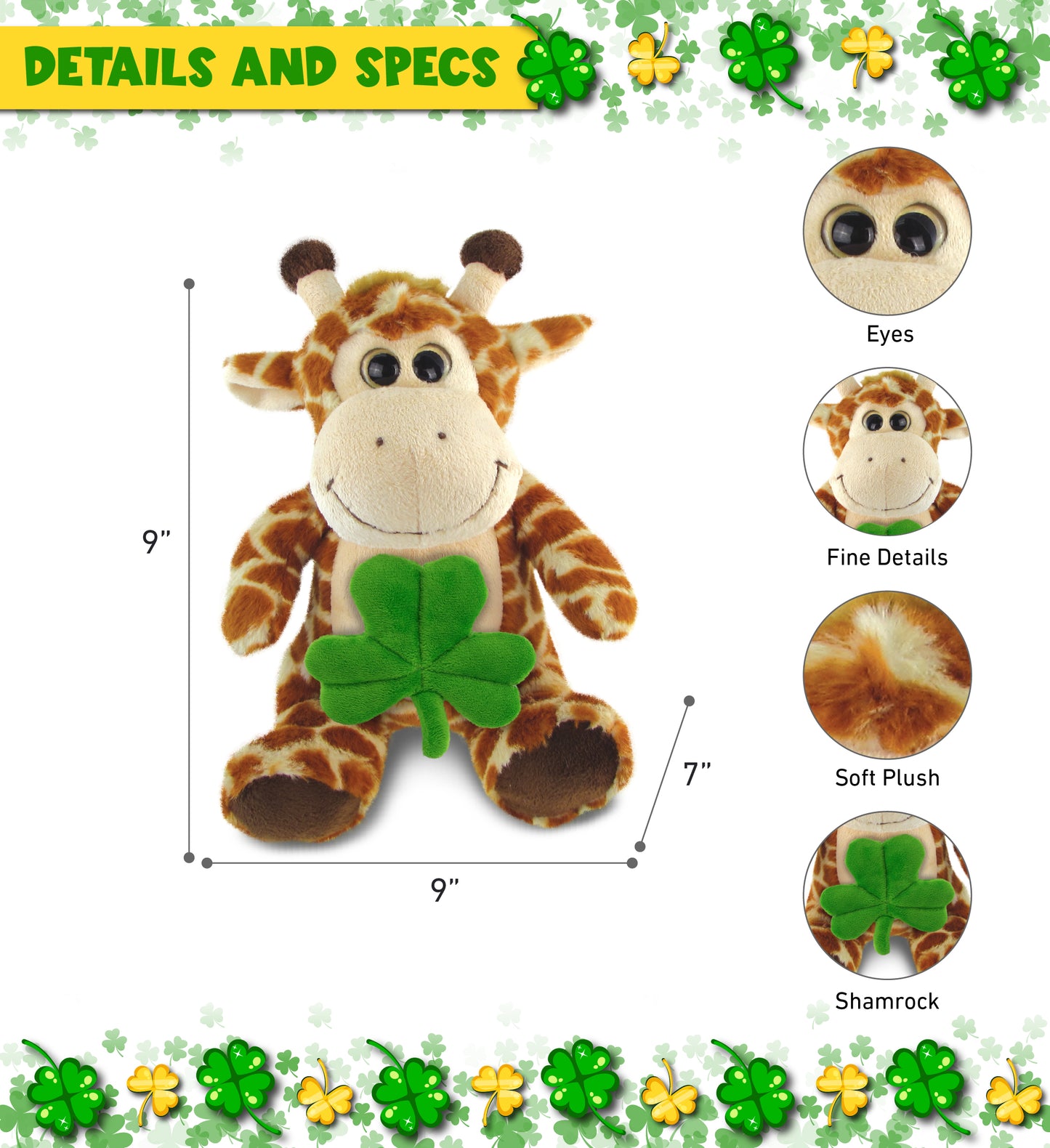 DolliBu Big Eyes Giraffe Stuffed Animal with Green Plush Shamrock - 6.5 Inches