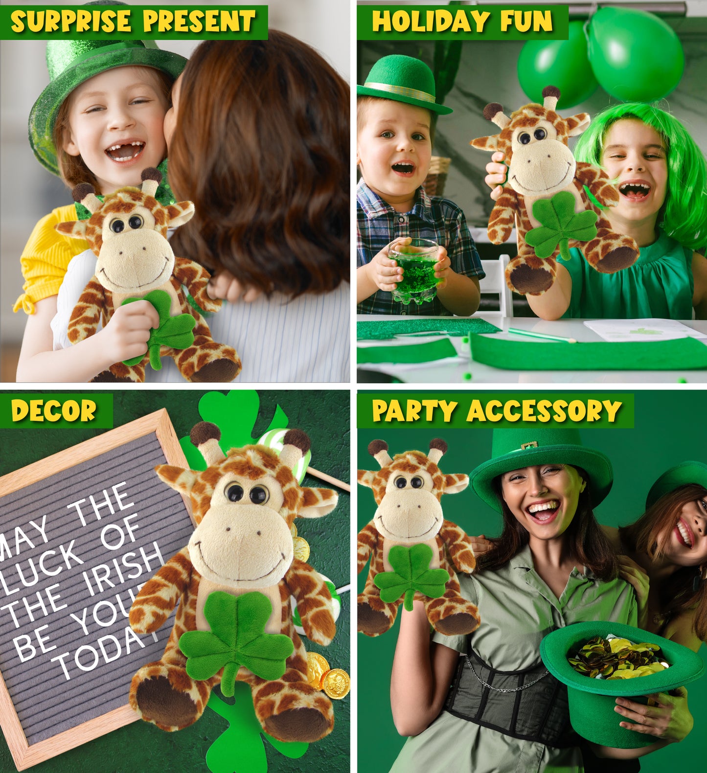 DolliBu Big Eyes Giraffe Stuffed Animal with Green Plush Shamrock - 6.5 Inches