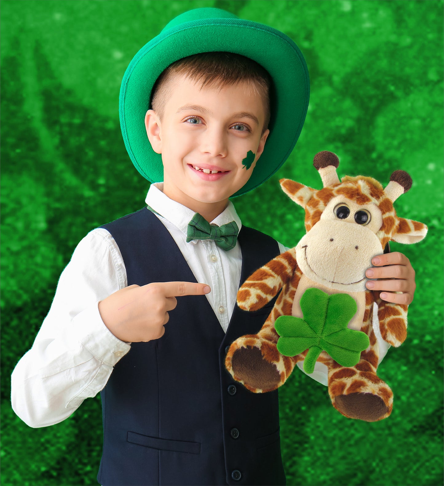 DolliBu Big Eyes Giraffe Stuffed Animal with Green Plush Shamrock - 6.5 Inches