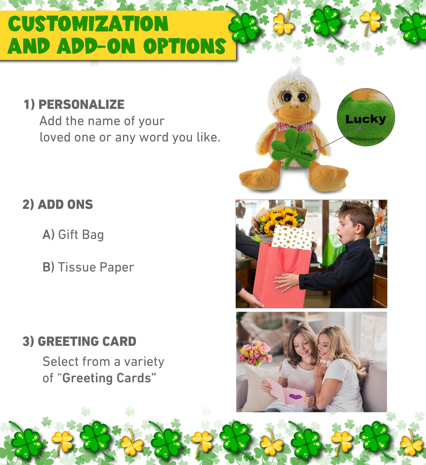 DolliBu Sitting Yellow Duck Stuffed Animal with Green Plush Shamrock - 9 Inches