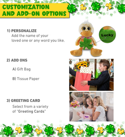 DolliBu Sitting Yellow Duck Stuffed Animal with Green Plush Shamrock - 9 Inches
