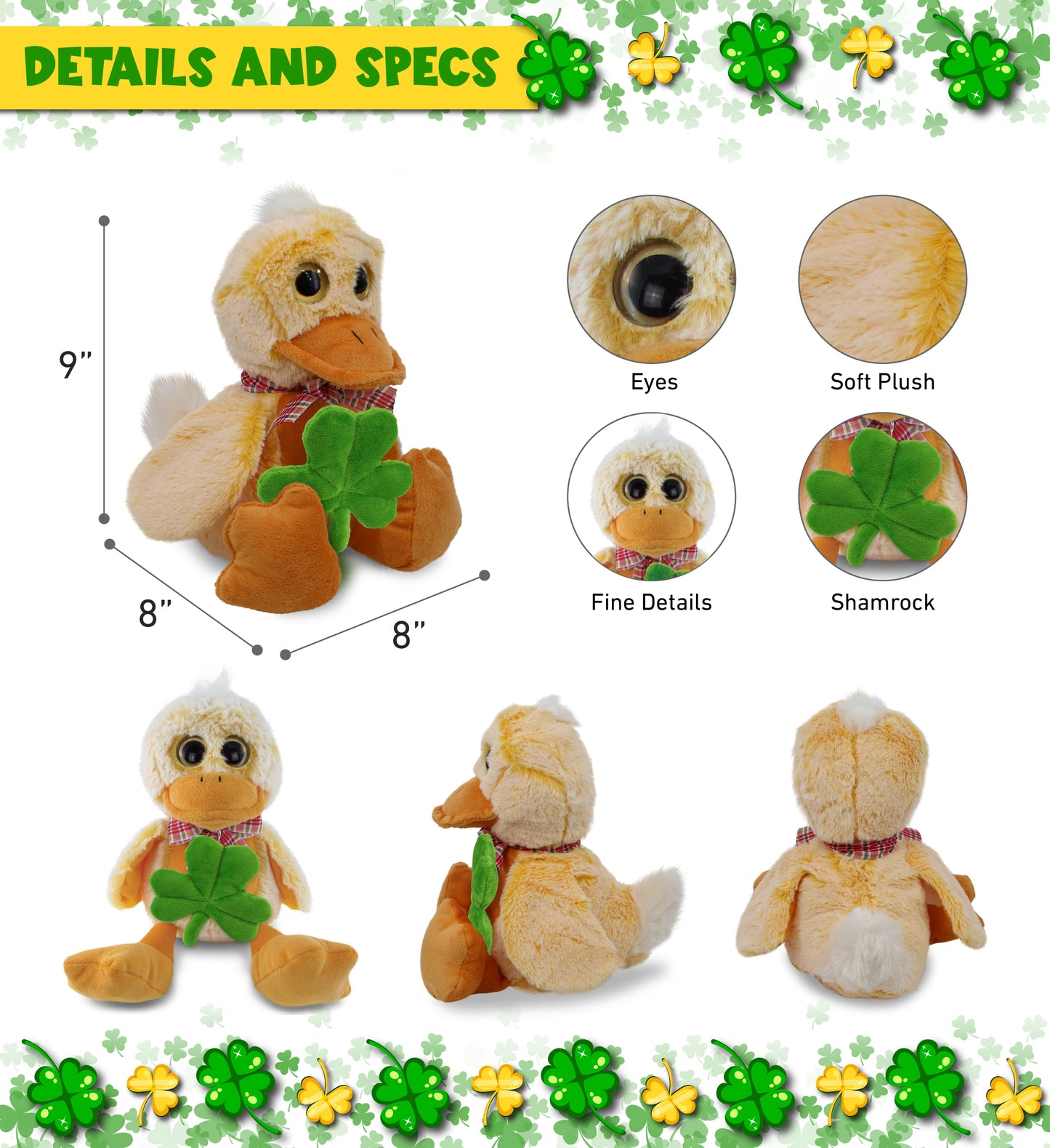 DolliBu Sitting Yellow Duck Stuffed Animal with Green Plush Shamrock - 9 Inches