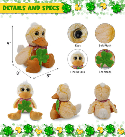DolliBu Sitting Yellow Duck Stuffed Animal with Green Plush Shamrock - 9 Inches