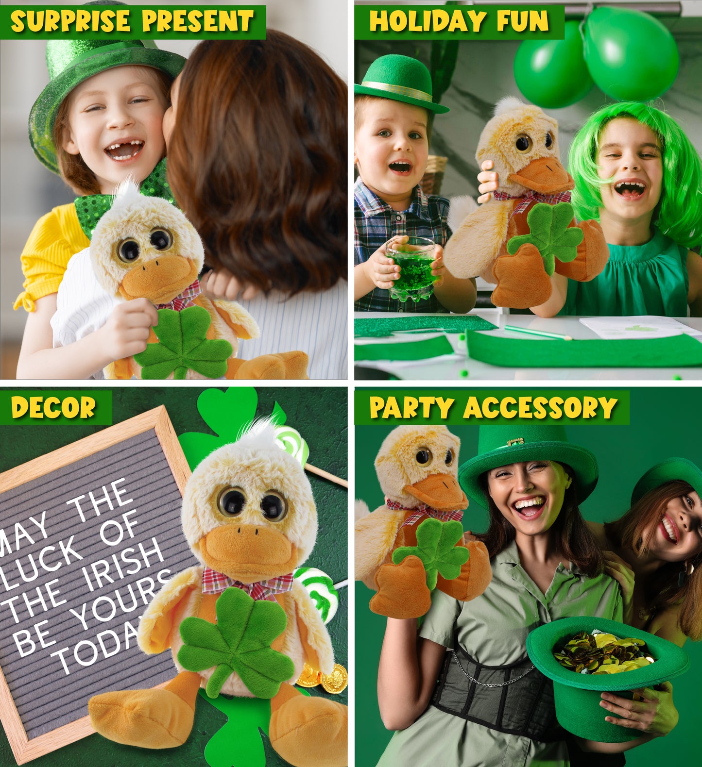 DolliBu Sitting Yellow Duck Stuffed Animal with Green Plush Shamrock - 9 Inches
