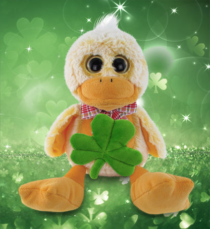 DolliBu Sitting Yellow Duck Stuffed Animal with Green Plush Shamrock - 9 Inches
