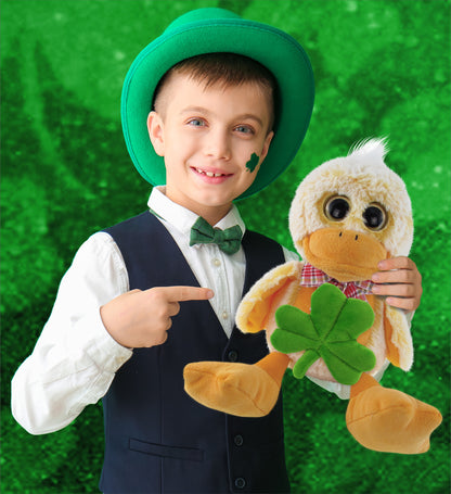 DolliBu Sitting Yellow Duck Stuffed Animal with Green Plush Shamrock - 9 Inches