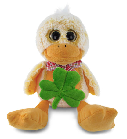 DolliBu Sitting Yellow Duck Stuffed Animal with Green Plush Shamrock - 9 Inches
