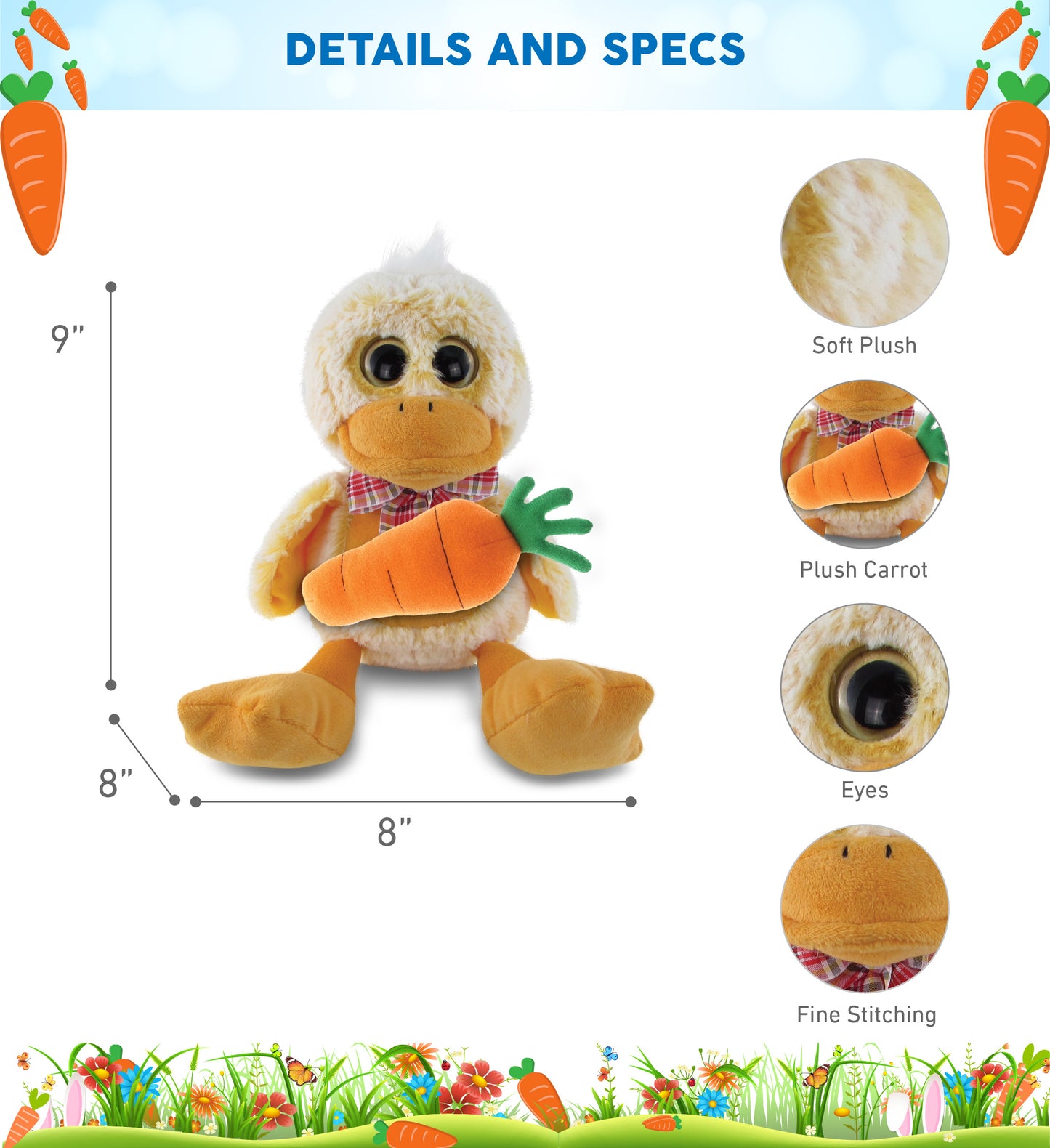 DolliBu Happy Easter Super Soft Plush Sitting Duck with Carrot Plush - 9 Inches