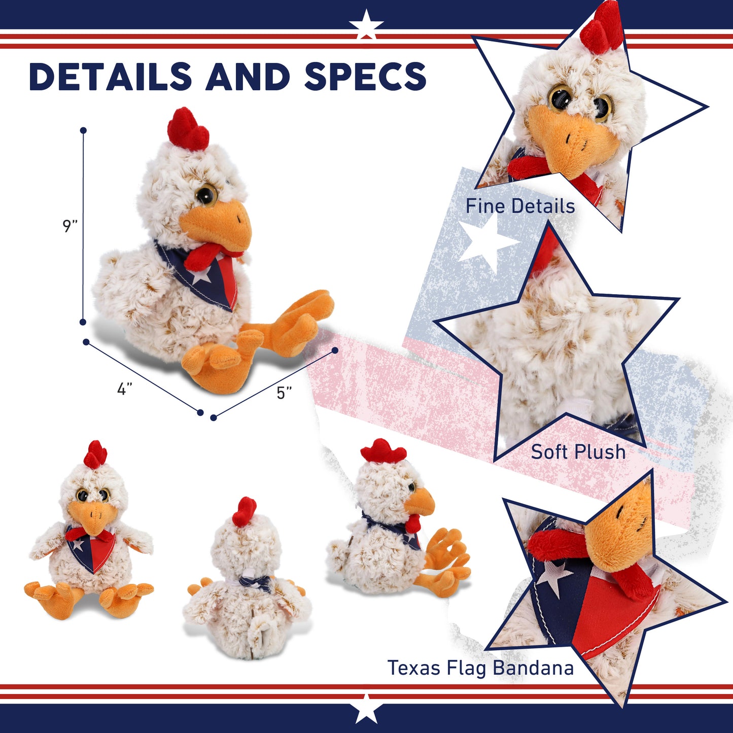 SUPER-SOFT PLUSH - SITTING ROOSTER WITH TEXAS FLAG BANDANA