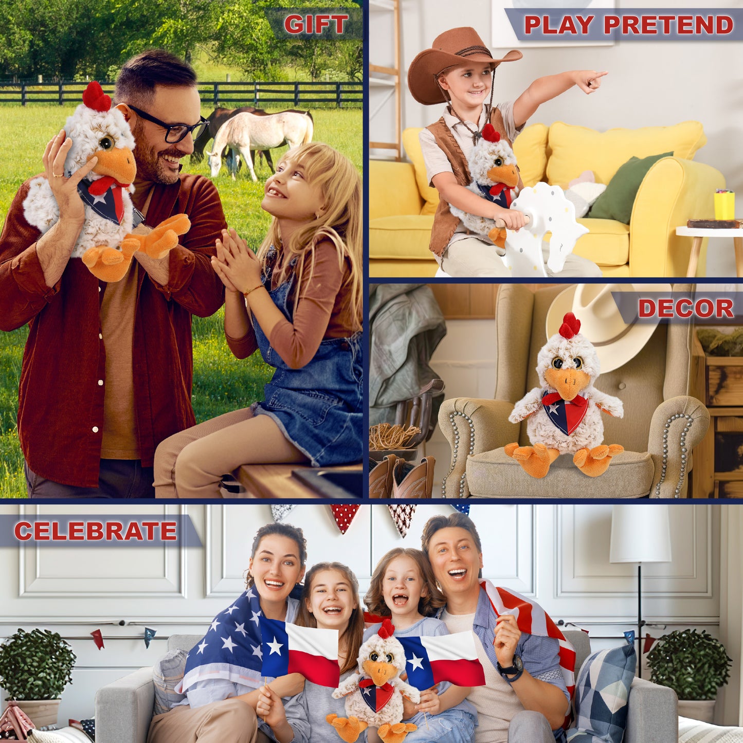 SUPER-SOFT PLUSH - SITTING ROOSTER WITH TEXAS FLAG BANDANA