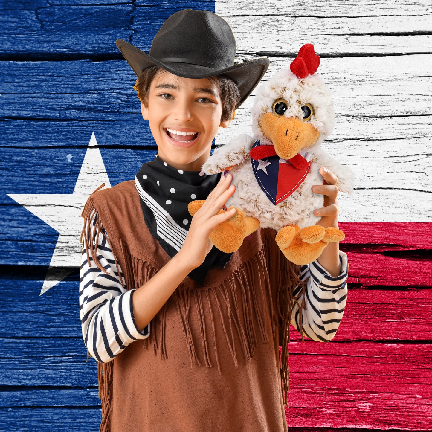 SUPER-SOFT PLUSH - SITTING ROOSTER WITH TEXAS FLAG BANDANA
