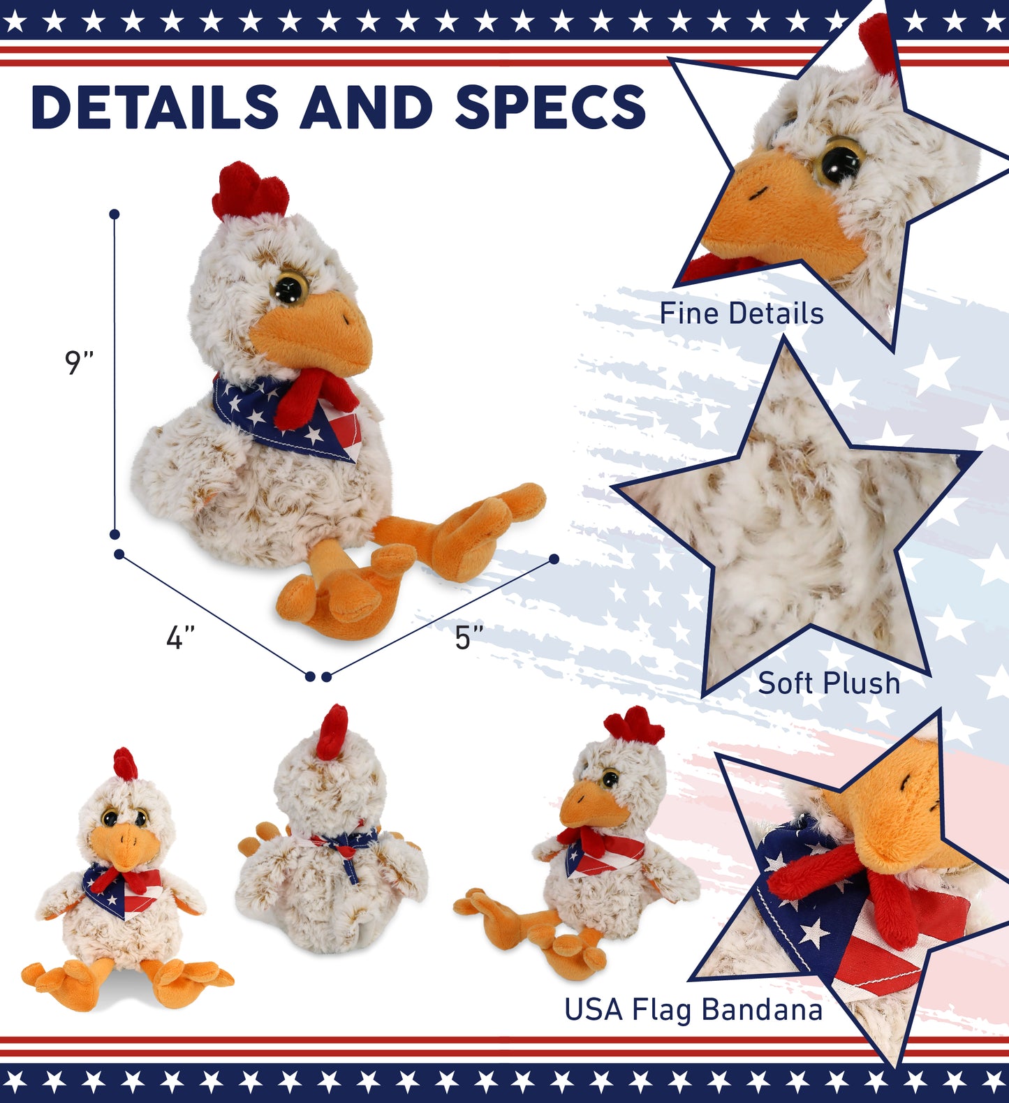 SUPER-SOFT PLUSH - SITTING ROOSTER WITH USA FLAG BANDANA