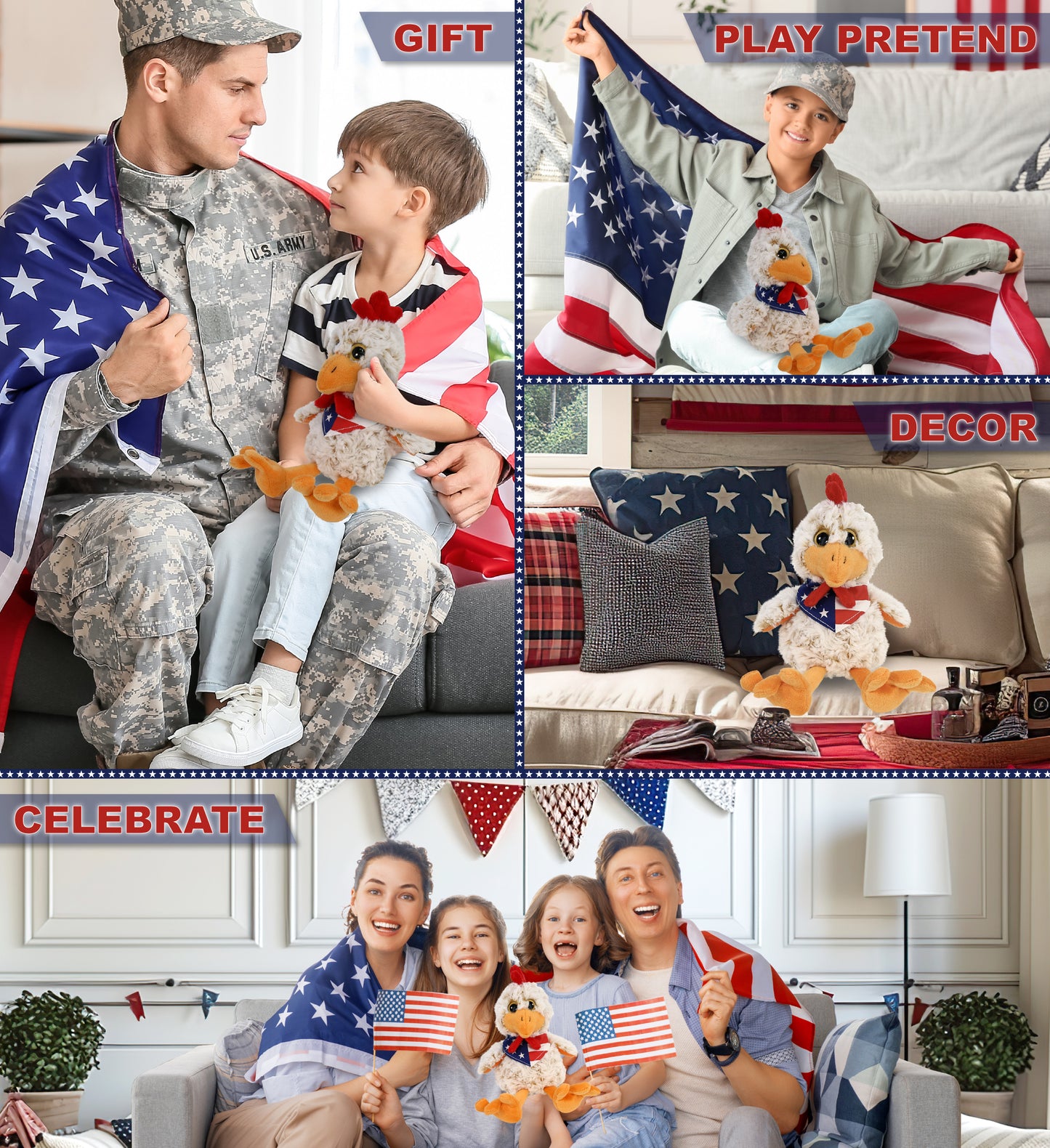 SUPER-SOFT PLUSH - SITTING ROOSTER WITH USA FLAG BANDANA