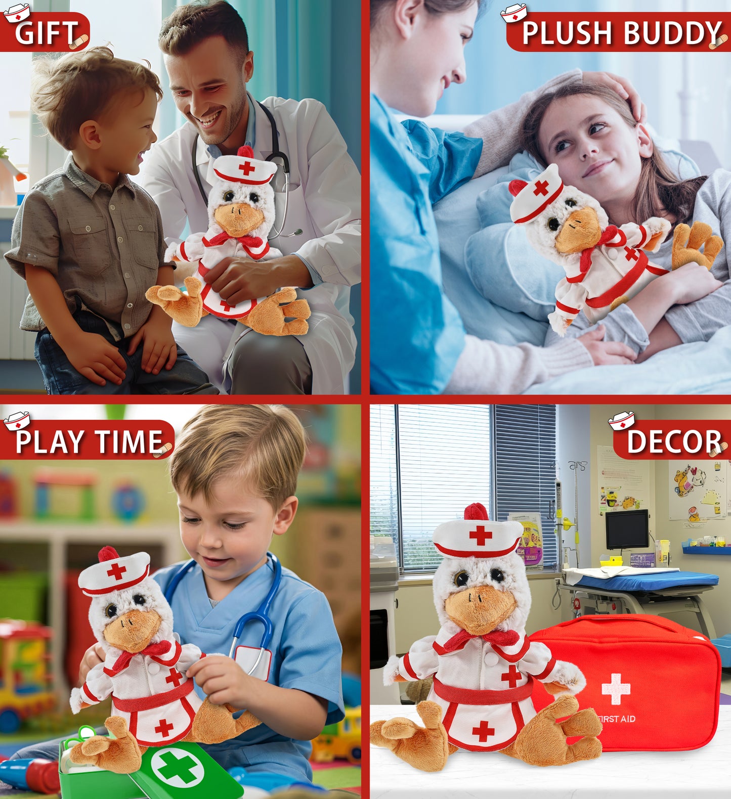 SUPER-SOFT PLUSH - SITTING ROOSTER With NURSE Dress-Up