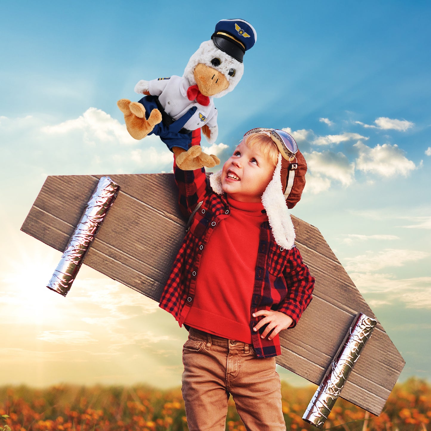 SUPER-SOFT PLUSH - SITTING ROOSTER WITH PILOT DRESS UP