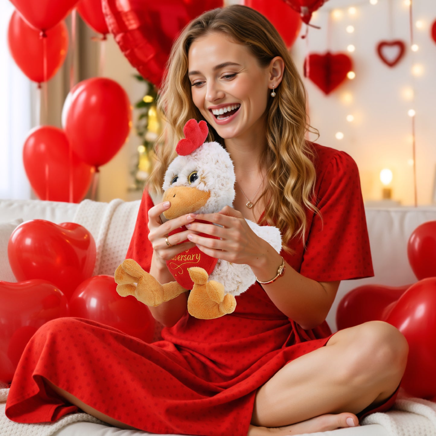 SUPER-SOFT PLUSH - SITTING ROOSTER WITH HAPPY ANNIVERSARY HEART