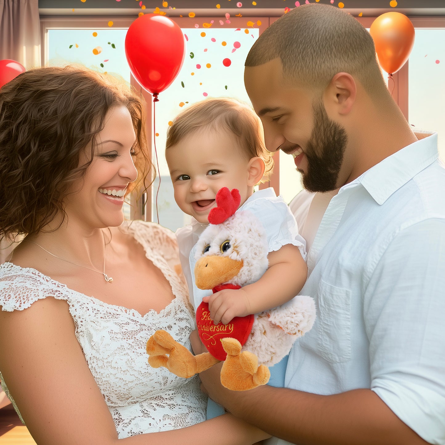 SUPER-SOFT PLUSH - SITTING ROOSTER WITH HAPPY ANNIVERSARY HEART